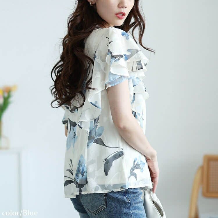 大きいサイズ レディース 花柄ジャガードフリルブラウス　tana-351039【メール便可】