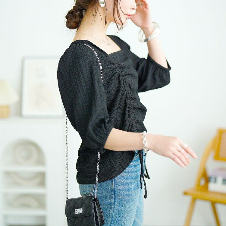 大きいサイズ レディース 前絞りスクエアネックトップス　fem-572【メール便可】