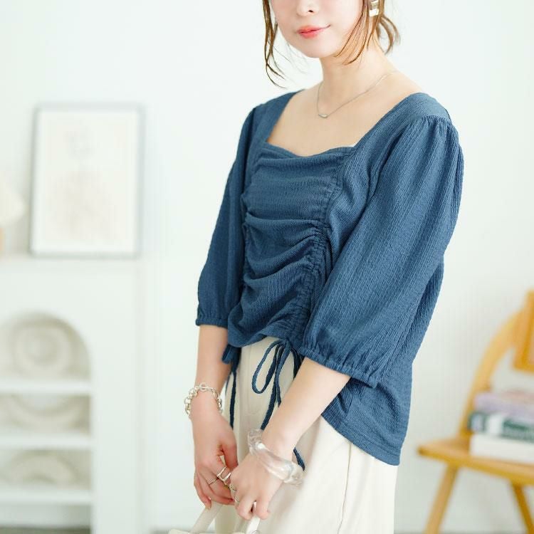 大きいサイズ レディース 前絞りスクエアネックトップス　fem-572【メール便可】 ブルー