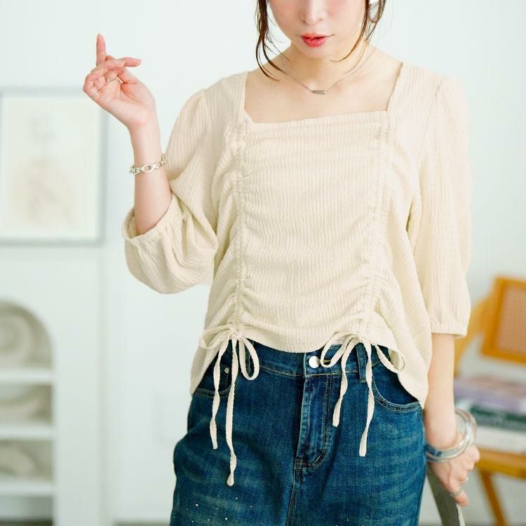大きいサイズ レディース 前絞りスクエアネックトップス　fem-572【メール便可】 オフホワイト