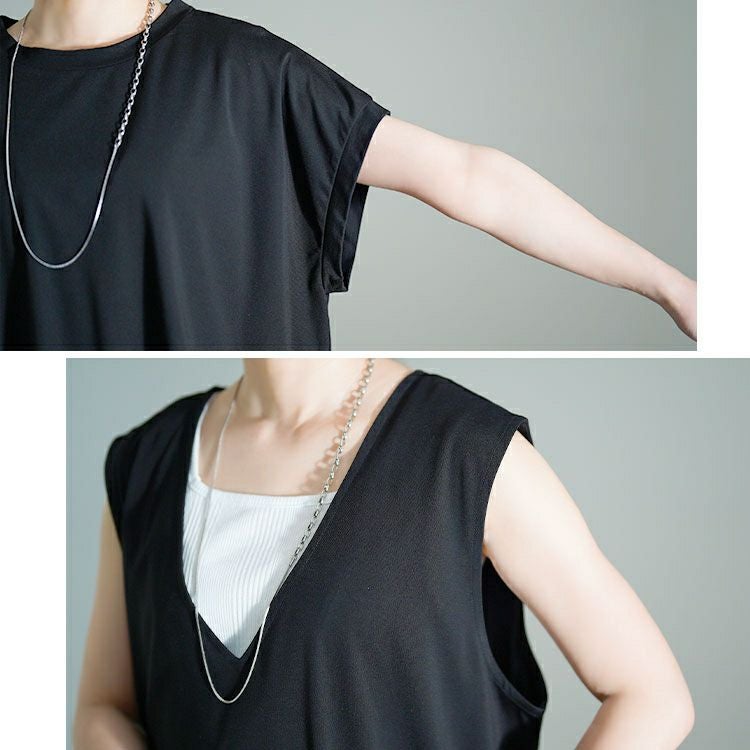 大きいサイズ レディース ショート丈Tシャツ＆Vネックジャンパースカートセット　mncut-152332【メール便可】