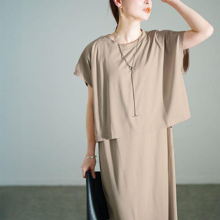 大きいサイズ レディース ショート丈Tシャツ＆Vネックジャンパースカートセット　mncut-152332【メール便可】