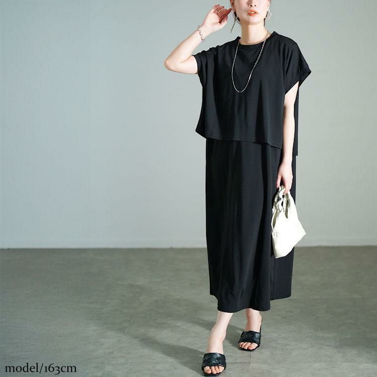 大きいサイズ レディース ショート丈Tシャツ＆Vネックジャンパースカートセット　mncut-152332【メール便可】 ブラック