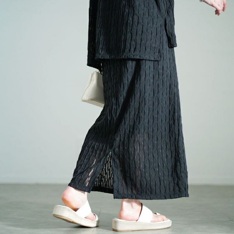 大きいサイズ レディース ふくれジャガードVネックトップス＆ナロースカートセット　mncut-152331