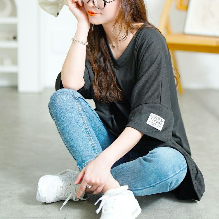 大きいサイズ レディース 袖ワッペンVネックオーバーサイズTシャツ　goldy-1686【メール便可】