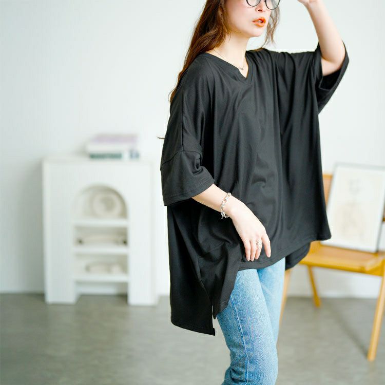 大きいサイズ レディース 袖ワッペンVネックオーバーサイズTシャツ　goldy-1686【メール便可】