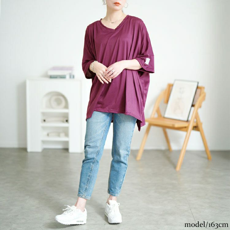 大きいサイズ レディース 袖ワッペンVネックオーバーサイズTシャツ　goldy-1686【メール便可】