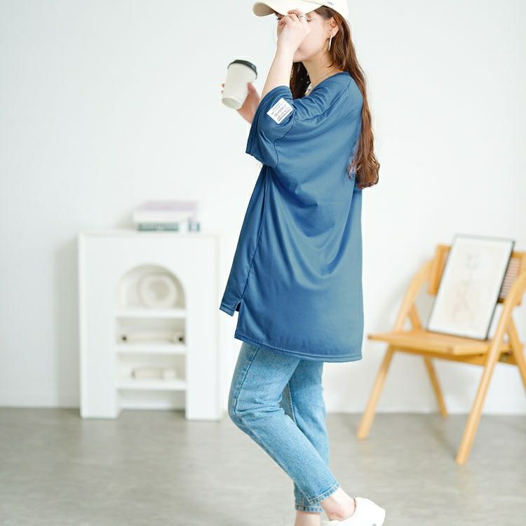 大きいサイズ レディース 袖ワッペンVネックオーバーサイズTシャツ　goldy-1686【メール便可】