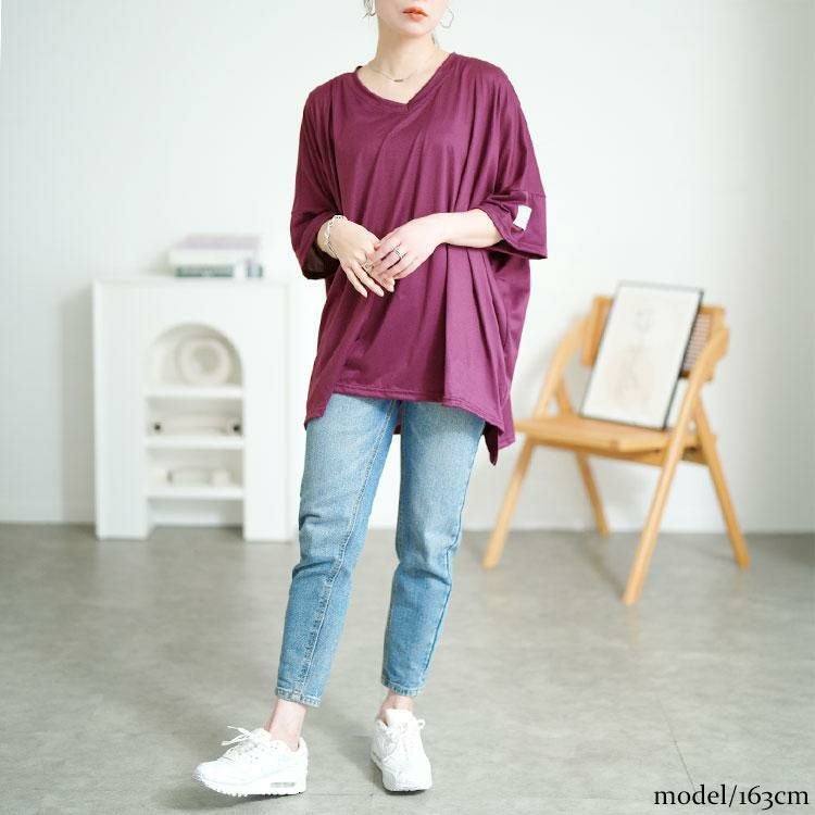 大きいサイズ レディース 袖ワッペンVネックオーバーサイズTシャツ　goldy-1686【メール便可】 パープル