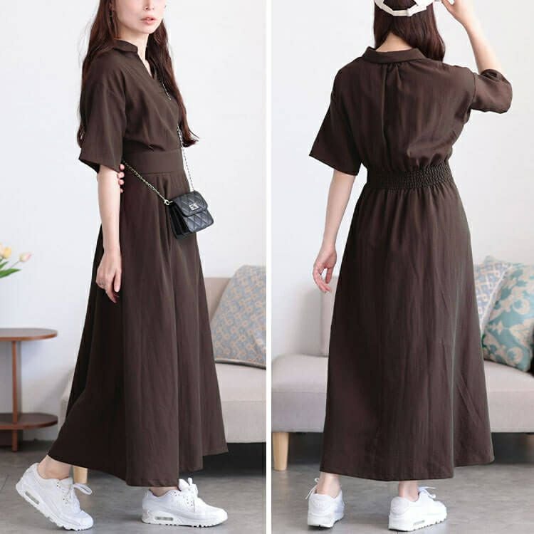 大きいサイズ レディース ウエストタックスキッパー襟ワンピース　maru-30161