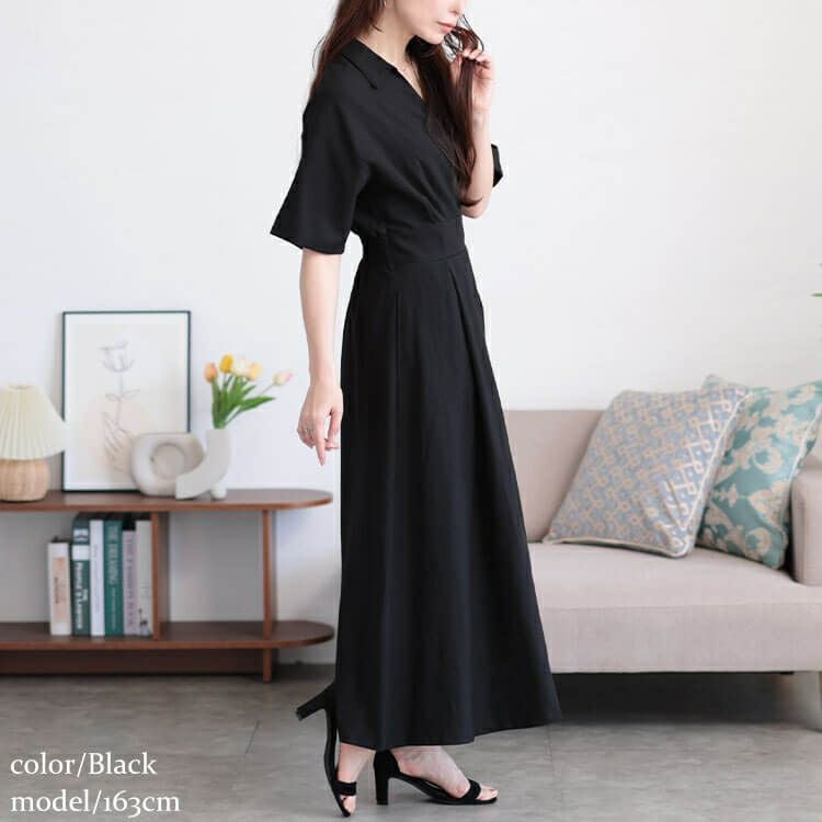 大きいサイズ レディース ウエストタックスキッパー襟ワンピース　maru-30161