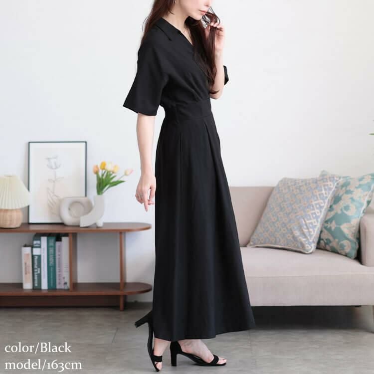 大きいサイズ レディース ウエストタックスキッパー襟ワンピース　maru-30161 ブラック