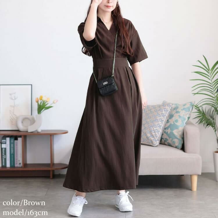 大きいサイズ レディース ウエストタックスキッパー襟ワンピース　maru-30161 ブラウン