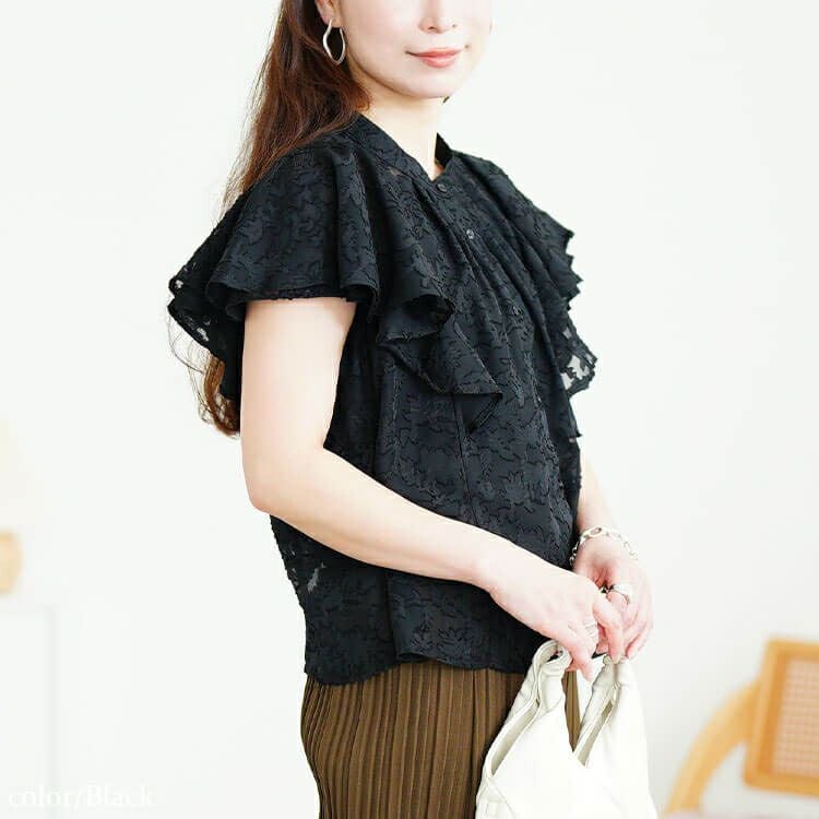 大きいサイズ レディース リーフ柄ジャガードフリルブラウス　tana-351058 【メール便可】