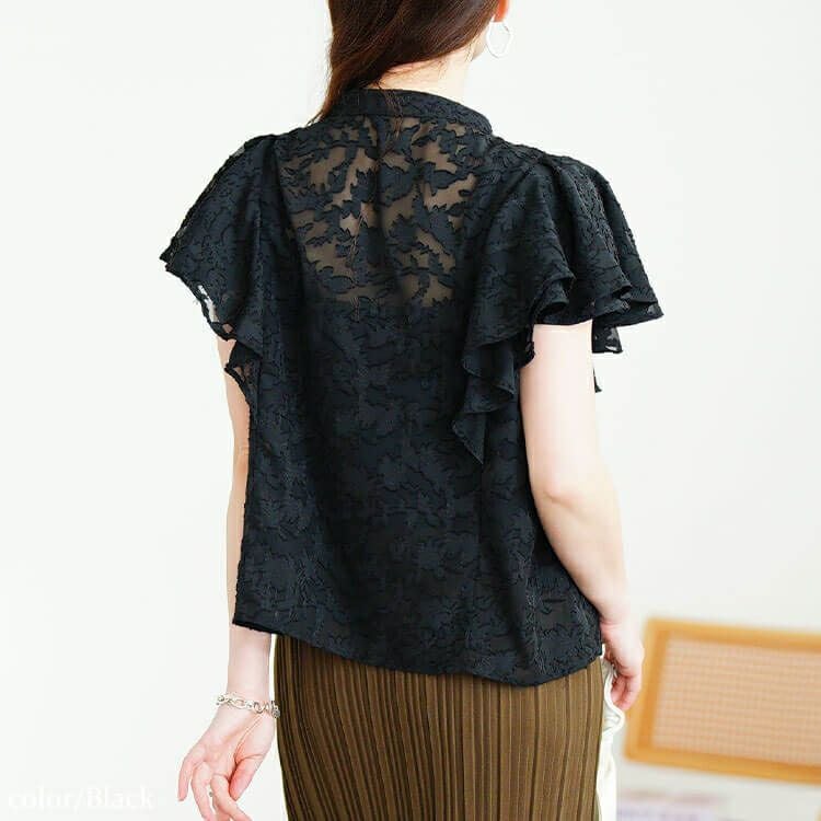 大きいサイズ レディース リーフ柄ジャガードフリルブラウス　tana-351058 【メール便可】