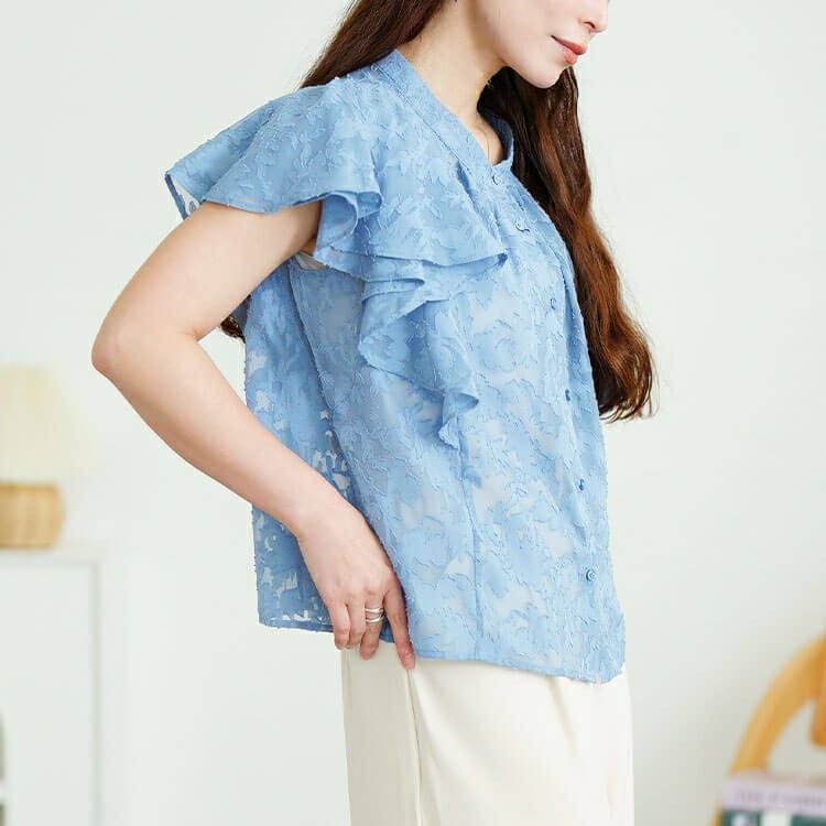 大きいサイズ レディース リーフ柄ジャガードフリルブラウス　tana-351058 【メール便可】