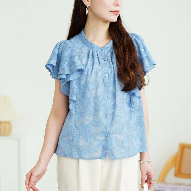 大きいサイズ レディース リーフ柄ジャガードフリルブラウス　tana-351058 【メール便可】