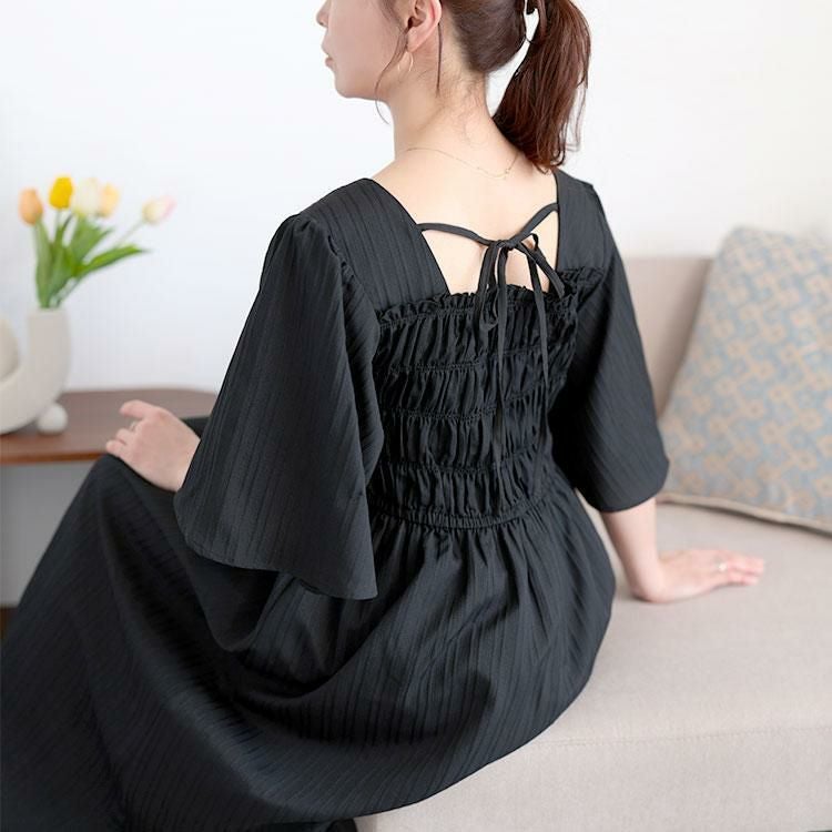 大きいサイズ レディース ストライプシャーリングフレアワンピース　tani-36863ll ブラック