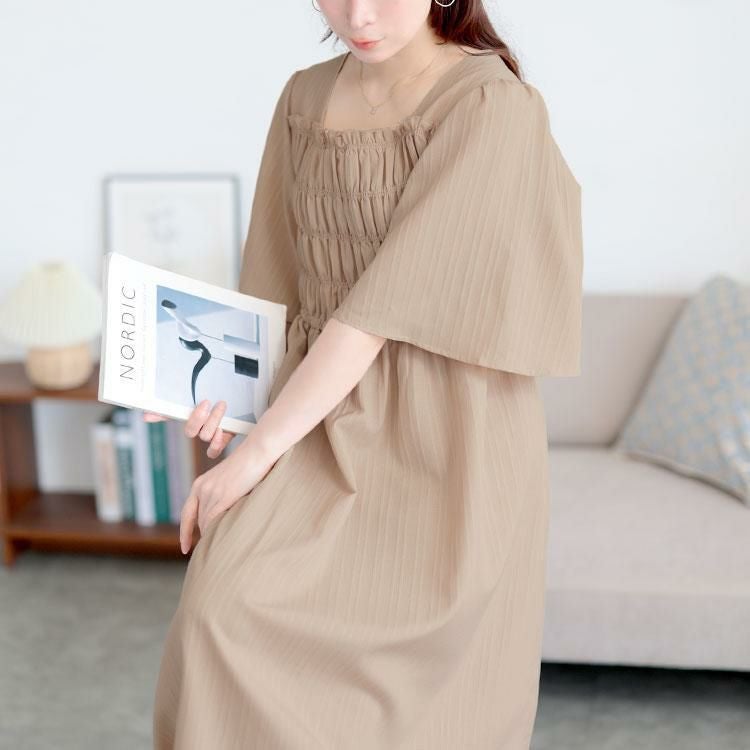 大きいサイズ レディース ストライプシャーリングフレアワンピース　tani-36863ll グレージュ