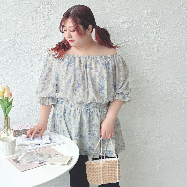 大きいサイズ レディース 2way花柄シャーリングペプラムブラウス　tani-36857ll