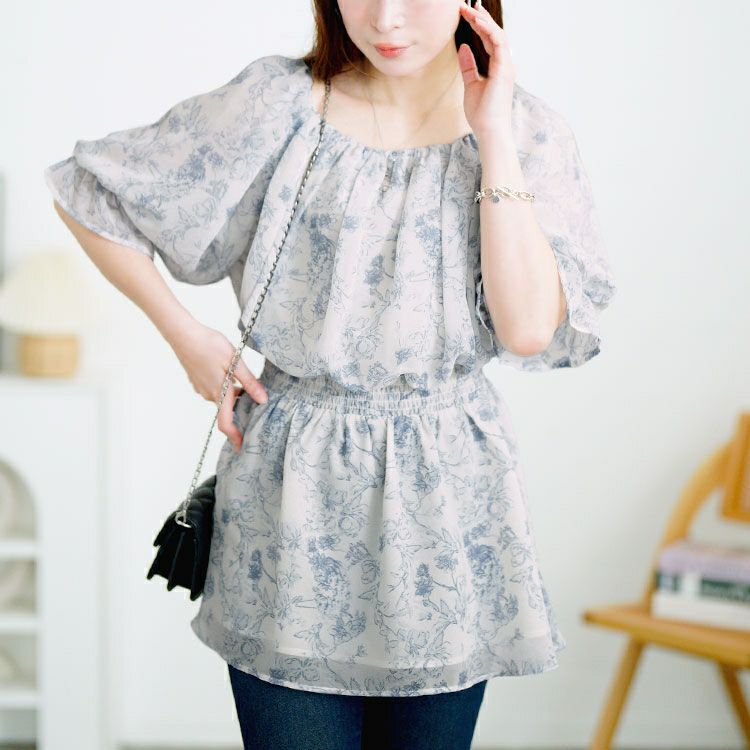 大きいサイズ レディース 2way花柄シャーリングペプラムブラウス　tani-36857ll