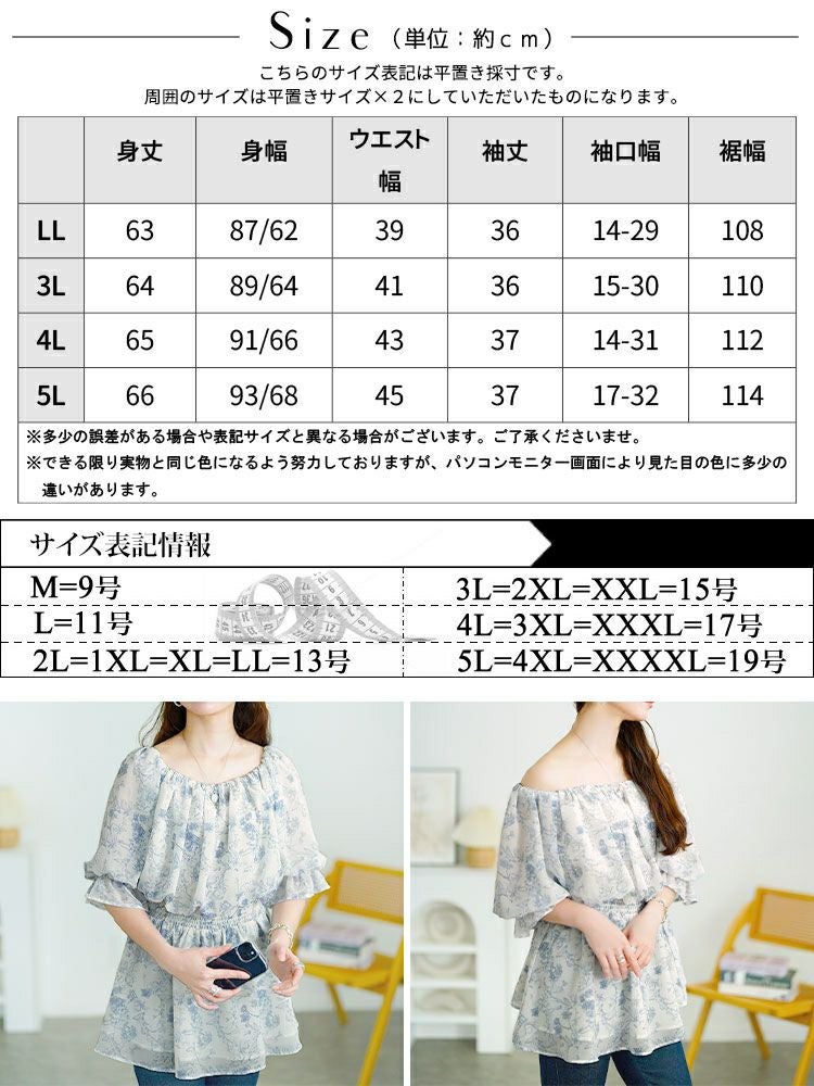 大きいサイズ レディース 2way花柄シャーリングペプラムブラウス　tani-36857ll