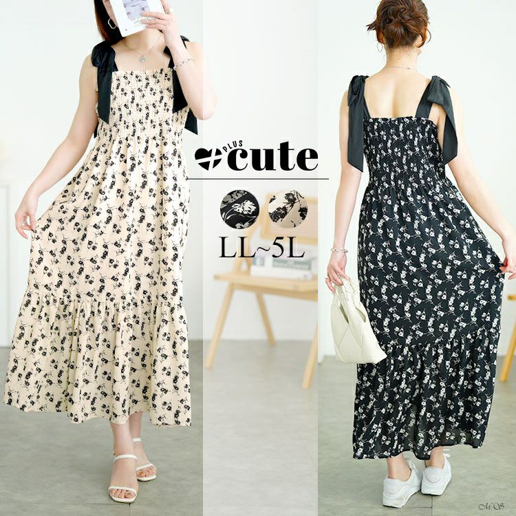 大きいサイズ レディース 花柄肩リボンシャーリングワンピース　tani-36849ll