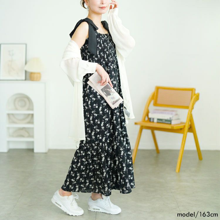 大きいサイズ レディース 花柄肩リボンシャーリングワンピース　tani-36849ll