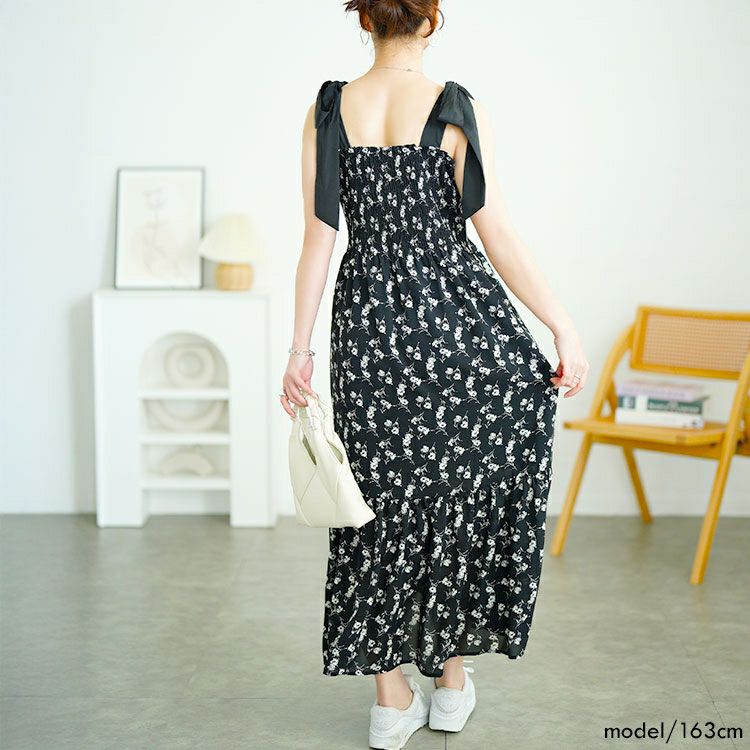 大きいサイズ レディース 花柄肩リボンシャーリングワンピース　tani-36849ll