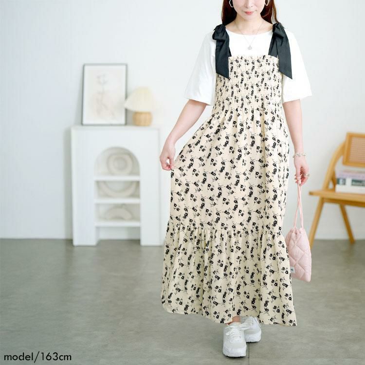 大きいサイズ レディース 花柄肩リボンシャーリングワンピース　tani-36849ll オフホワイト
