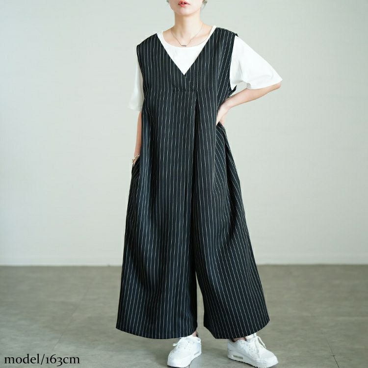 大きいサイズ レディース ストライプワイドサロペットパンツ　sw-0764