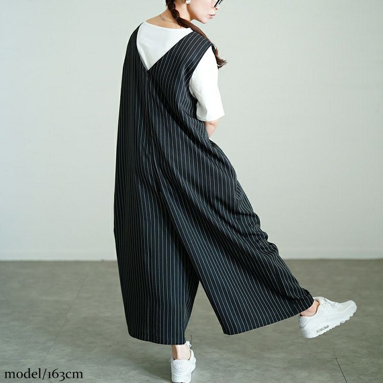大きいサイズ レディース ストライプワイドサロペットパンツ　sw-0764