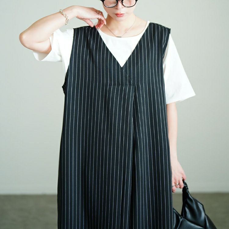 大きいサイズ レディース ストライプワイドサロペットパンツ　sw-0764