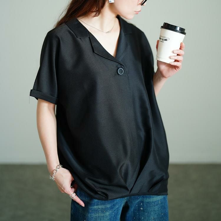 大きいサイズ レディース 接触冷感裾タックオープンカラープルオーバー　sw-0771 【メール便可】 ブラック