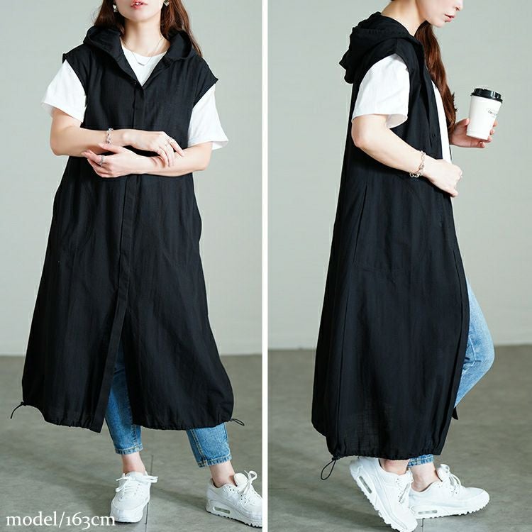 大きいサイズ レディース コットンパーカーノースリーブワンピース　sw-0748
