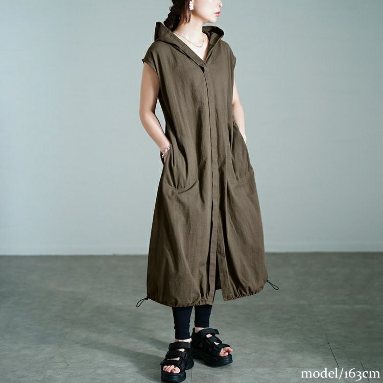 大きいサイズ レディース コットンパーカーノースリーブワンピース　sw-0748