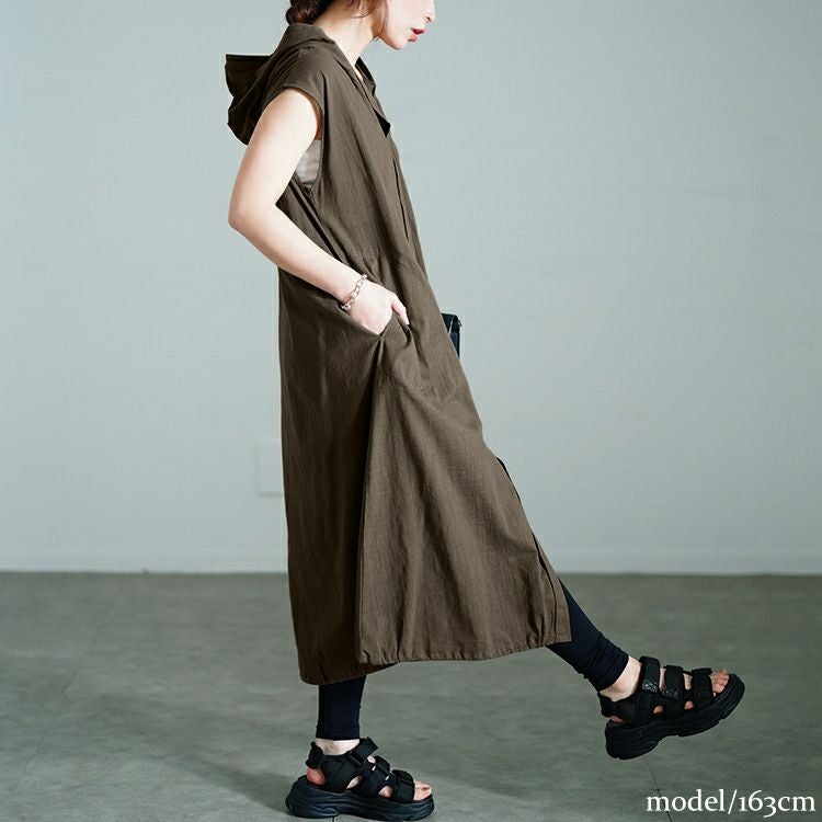 大きいサイズ レディース コットンパーカーノースリーブワンピース　sw-0748