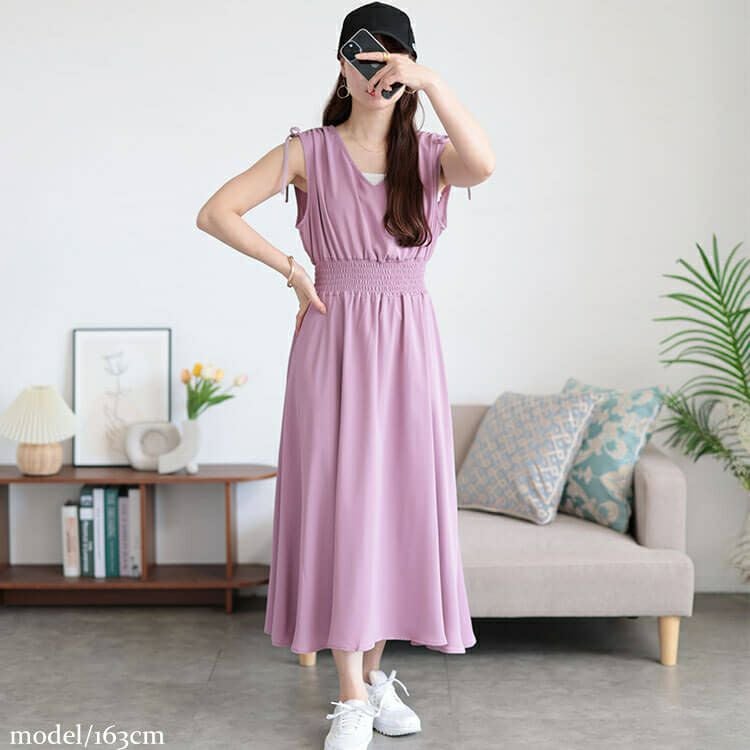 大きいサイズ レディース ドロストショルダーシャーリングワンピース　fem-570 【メール便可】