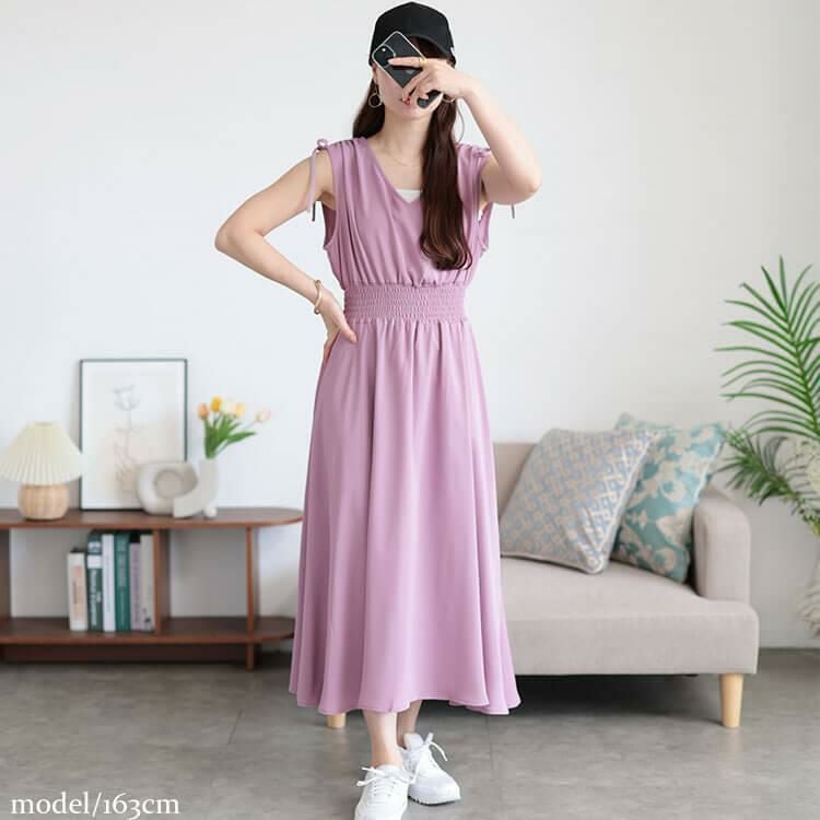 大きいサイズ レディース ドロストショルダーシャーリングワンピース　fem-570 【メール便可】 ラベンダー