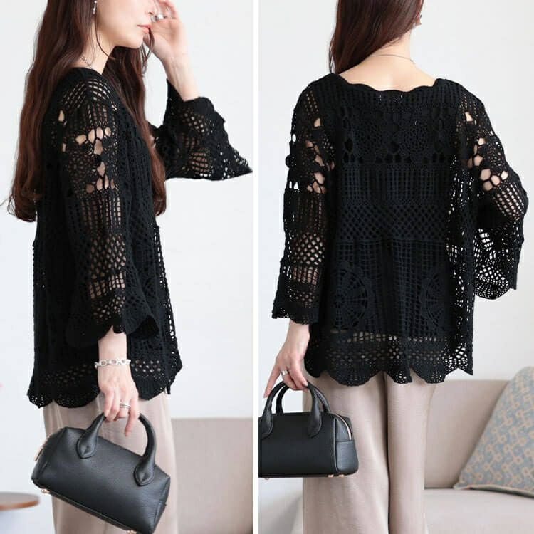 大きいサイズ レディース クロッシェ編みスカラップコットンニット　jp537 【メール便可】