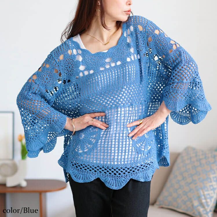 大きいサイズ レディース クロッシェ編みスカラップコットンニット　jp537 【メール便可】