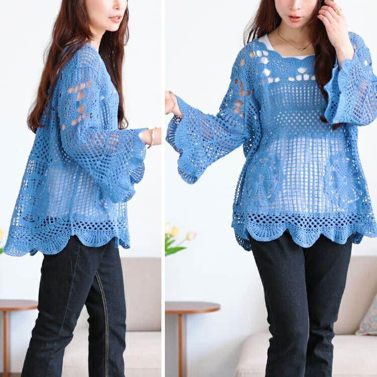 大きいサイズ レディース クロッシェ編みスカラップコットンニット　jp537 【メール便可】