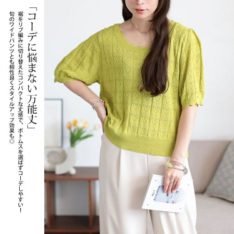 大きいサイズ レディース ハート柄透かし編みスカラップニット　sum-0002