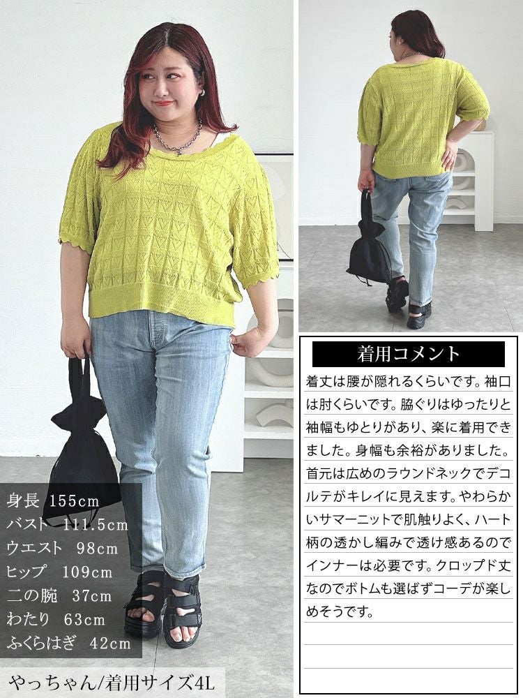 大きいサイズ レディース ハート柄透かし編みスカラップニット　sum-0002