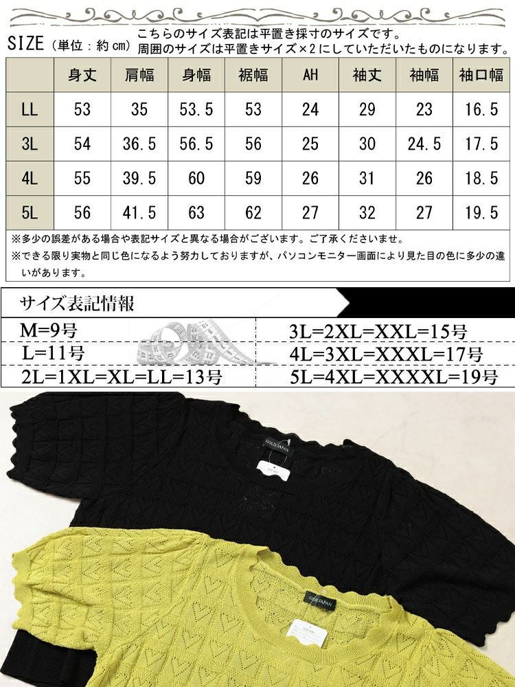 大きいサイズ レディース ハート柄透かし編みスカラップニット　sum-0002