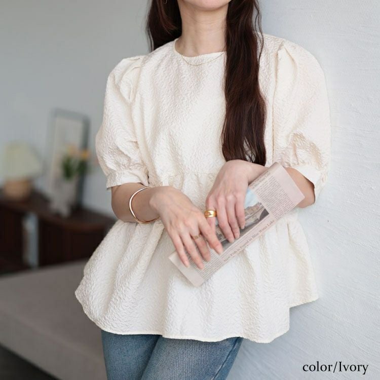 大きいサイズ レディース ポコポコパフスリーブペプラムブラウス　tana-351059 【メール便可】