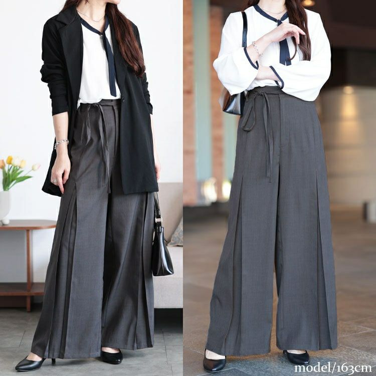 大きいサイズ レディース リボンベルトセンタータックワイドパンツ　tana-651015 【メール便可】