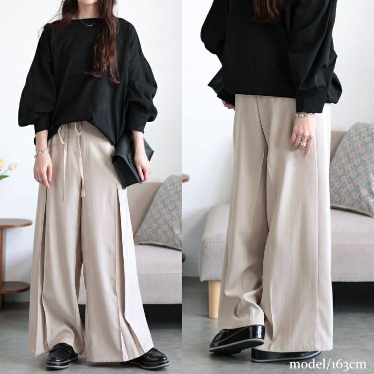 大きいサイズ レディース リボンベルトセンタータックワイドパンツ　tana-651015 【メール便可】