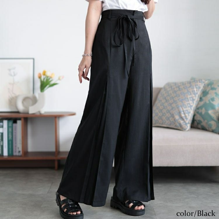 大きいサイズ レディース リボンベルトセンタータックワイドパンツ　tana-651015 【メール便可】