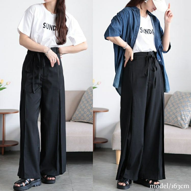 大きいサイズ レディース リボンベルトセンタータックワイドパンツ　tana-651015 【メール便可】